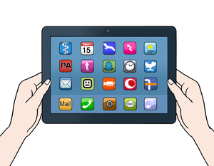 Zwei Hände halten ein Tablet. Auf dem Tablet sind viele Apps. Zwei Hände halten ein Tablet. Auf dem Tablet sind viele Apps.