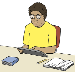 Ein Man sitzt am Schreibtisch. Er gibt etwas in ein Tablet ein. Ein Man sitzt am Schreibtisch. Er gibt etwas in ein Tablet ein.